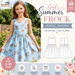 Könnte beinhalten: Ein hellblaues Mädchen-Sommerkleid mit einem Cartoon-Katzen-Print. Das Kleid ist ärmellos und hat einen gerafften Rock. Das Bild enthält auch ein Schnittmuster mit dem Text "Girl's Summer Frock Sewing Pattern" und den Größen 2-10 Jahre.