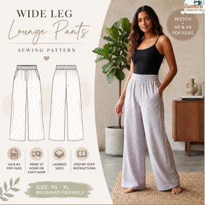 May include: A woman wearing light purple wide-leg lounge pants. The image includes a sewing pattern with the text "WIDE LEG Lounge Pants" and "SEWING PATTERN". The pattern includes sketches of the pants, and the text "SIZE: XS - XL BEGINNER FRIENDLY".