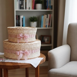 Può includere: Due cesti rotondi in vimini intrecciato impilati su un tavolo di legno. Ogni cesto è adornato con un nastro e un fiocco rosa. I cesti sono appoggiati su un panno bianco bordato di pizzo.