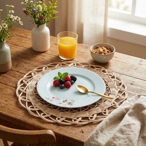 May include: A breakfast table setting with a woven placemat, a light blue plate with berries, and a gold spoon. A glass of orange juice and a bowl of granola are also present. Vases with flowers add a decorative touch.