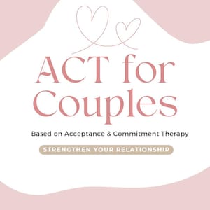 Könnte beinhalten: Rosa-weißes Grafikdesign mit dem Text "ACT for Couples" in einer stilisierten Schriftart. Das Design enthält zwei ineinander verschlungene Herzformen und den Text "Based on Acceptance & Commitment Therapy". Der Satz "STRENGTHEN YOUR RELATIONSHIP" ist ebenfalls enthalten.