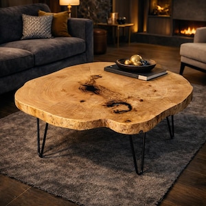 May include: A unique, live-edge coffee table with a natural wood grain finish. The table is supported by black hairpin legs. The table's dimensions are approximately 48 inches in diameter and 16 inches high.