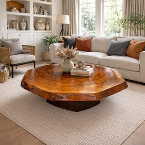May include: A large, octagonal wooden coffee table with a rich, warm brown finish. The table sits on a dark brown base and is surrounded by a light-colored rug, a white sofa with orange and gray pillows, and a wicker chair.