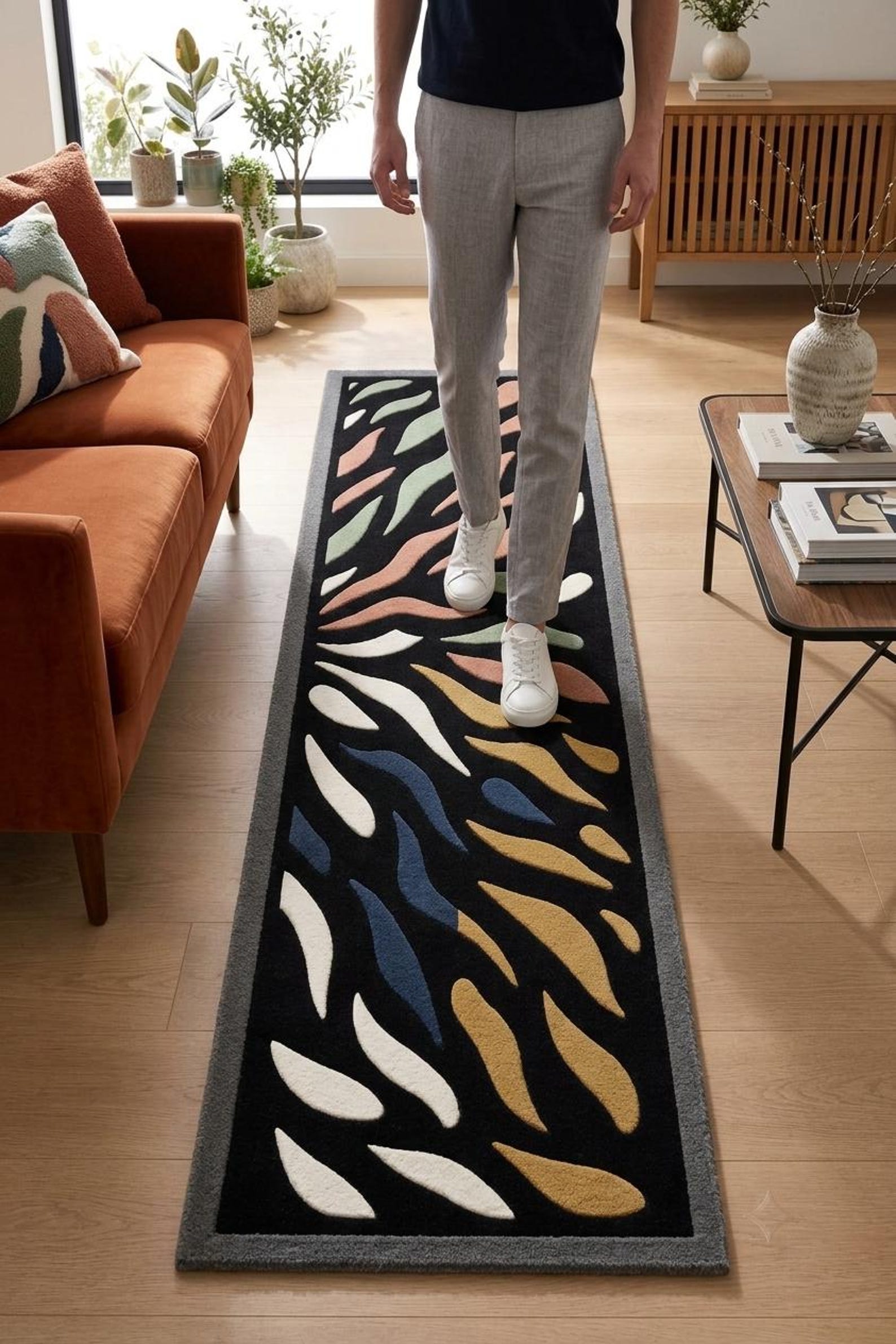Unique Runner Rugs Modern Hand Tufted Natural Wool Runner Rug, Colorfull Leaf Organic ...