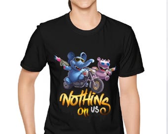 Cartoon Blue Elephant & Pink Hippo Nothing On Us T-Shirt | Graphic Tee