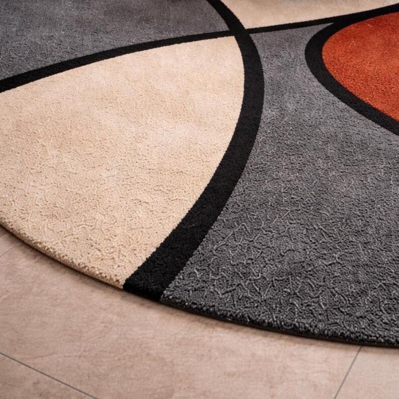 Abstract Geometric Round Area Rug 7ft, Modern Color Block Curved Design Rug, Teracotta Beige Minimalist Rug, 4ft, 5ft, 8ft Round image 4