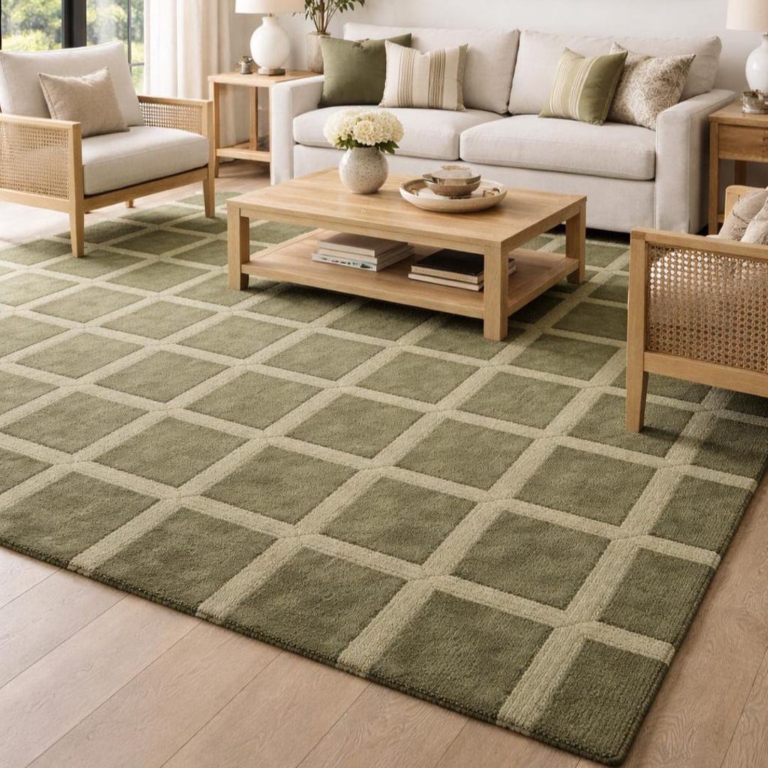 Sage Green Geometric Grid Area Rug 5x7 8x10, Modern Checkered Square ...