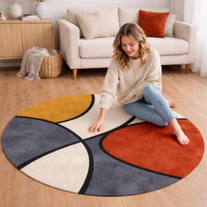 Abstract Geometric Round Area Rug 7ft, Modern Color Block Curved Design Rug, Teracotta Beige Minimalist Rug, 4ft, 5ft, 8ft Round image 6