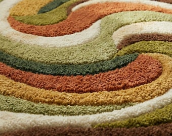 7 ft Mid Century Modern Round Area Rug | Hand Tufted Wool Rug | Earth Tone Boho Decor | Living Room Carpet, Handmade Wool Area Rug 9ft 8ft