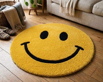 Smiley Face Round Area Rug 5ft 6ft 8ft | Happy Face Emoji Rug | Cute Aesthetic Room Decor | Kids Bedroom Rug | Funky Pop Art Carpet