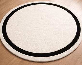 6ft Cream Round Area Rug with Black Border, Minimalist Modern Circle Rug, Neutral Scandinavian Living Room Rug 5ft 7ft 9ft, Custom Sizes