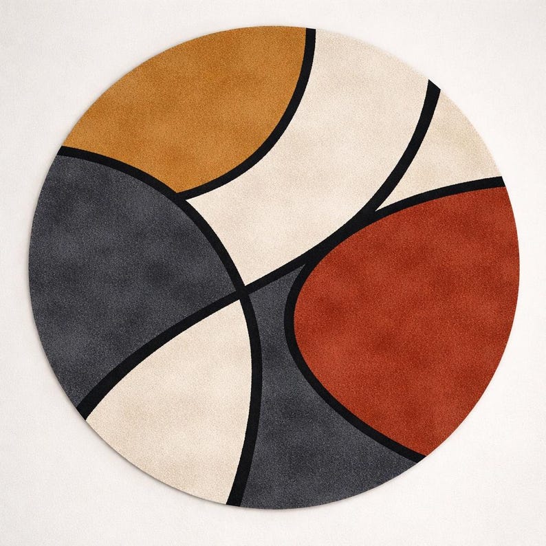 May include: A round rug with a geometric design. The rug features sections of tan, cream, rust, and gray, outlined with black lines. The rug has a modern, abstract aesthetic and is suitable for various interior spaces.