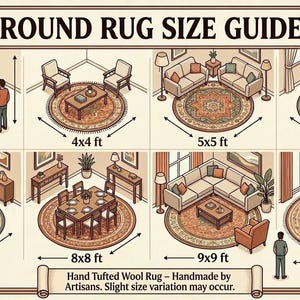 May include: An illustrated guide to round rug sizes, from 3x3 ft to 10x10 ft, with room setting examples. The image includes text that reads "Round Rug Size Guide" and "Hand Tufted Wool Rug - Handmade by Artisans."
