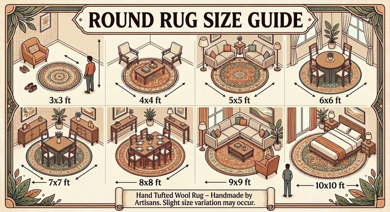 May include: An illustrated guide to round rug sizes, from 3x3 ft to 10x10 ft, with room setting examples. The image includes text that reads "Round Rug Size Guide" and "Hand Tufted Wool Rug - Handmade by Artisans."