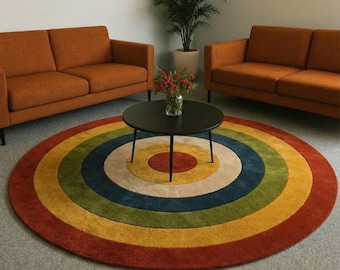 Colorful Circular Area Rug 6ft (180cm), Modern Geometric Round Rug, Abstract Concentric Pattern Rug, Boho Living Room Decor Carpet 7ft 8ft