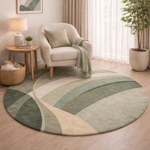 Green Abstract Round Area Rug 6ft 7ft, Living Room Rug, Hand-Tufted Wool Area Rug 8ft 9ft