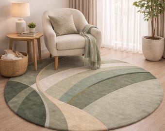 Green Abstract Round Area Rug 6ft 7ft, Living Room Rug, Hand-Tufted Wool Area Rug 8ft 9ft