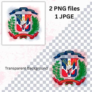 May include: Two images of the Dominican Republic coat of arms, featuring a shield with a cross, open book, and flag elements, surrounded by laurel branches and a red ribbon. The text "DIOS PATRIA LIBERTAD" is displayed above the shield.