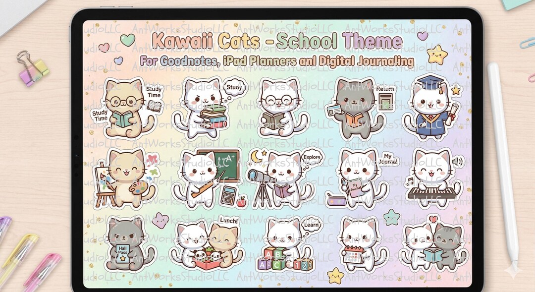 Kawaii Cat School Digital Sticker Sheet Goodnotes iPad | Study Planner ...