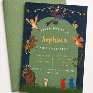 May include: A whimsical birthday party invitation featuring illustrations of storybook characters. The invitation is dark blue with a green border and includes the text "You are invited to Sophia's 5th Birthday Party."