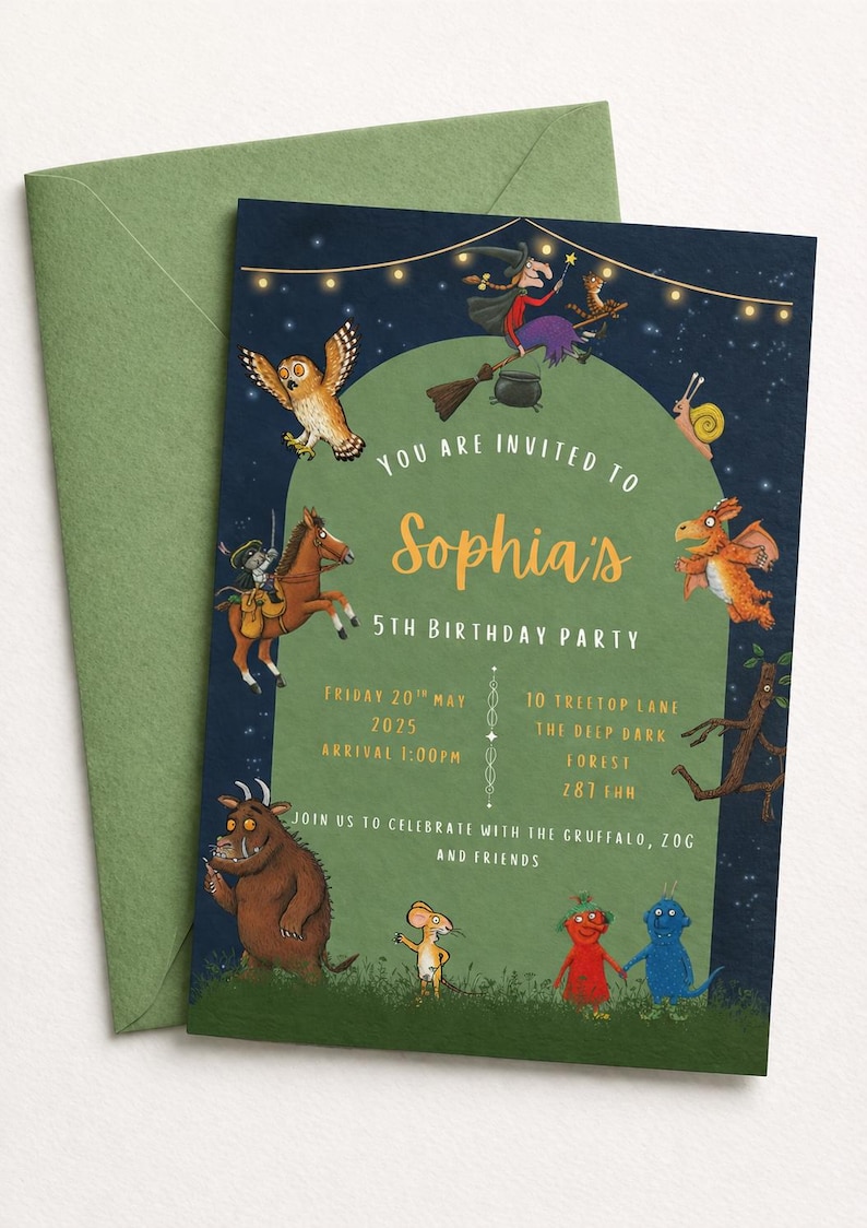 May include: A whimsical birthday party invitation featuring illustrations of storybook characters. The invitation is dark blue with a green border and includes the text "You are invited to Sophia's 5th Birthday Party."