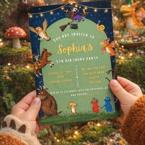May include: A colorful invitation for Sophia's 5th birthday party. The invitation features illustrations of characters from a children's book, including an owl, dragon, and Gruffalo. The text reads "You are invited to Sophia's 5th Birthday Party".