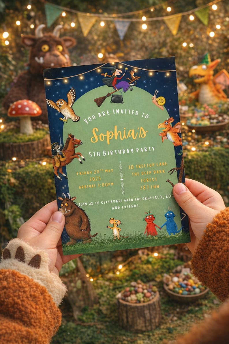 May include: A colorful invitation for Sophia's 5th birthday party. The invitation features illustrations of characters from a children's book, including an owl, dragon, and Gruffalo. The text reads "You are invited to Sophia's 5th Birthday Party".