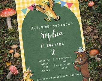 May include: A whimsical birthday invitation with a green background and yellow gingham border. The invitation features an owl, mouse, and Gruffalo illustrations. Text includes the name "Sophia", the number "2", and event details.