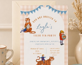 May include: A whimsical invitation for Layla's Tiger Tea Party, featuring illustrations of tigers and children. The invitation includes the date, time, and location, with a menu of sandwiches, biscuits, chocolate buns, and tea.