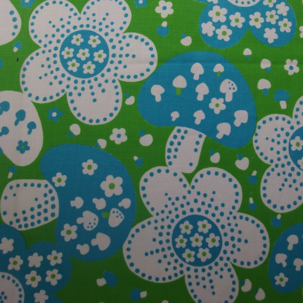 S-14 Vintage Fabric  Flowers and Mushrooms Thick fabric 70s