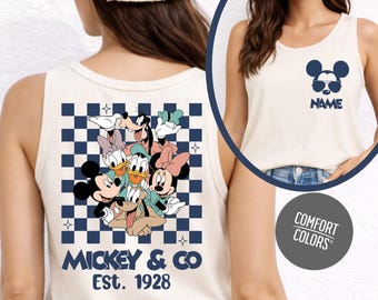 Disney Checkered Matching Tank Top Custom Name Mickey and Friends Jersey Tank Tops Disney Two Sided Tank Top Comfort Colors Tank