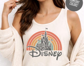 Retro Magical Kingdom Unisex Tank Top Disney Distressed Group Graphic Shirt Comfort Colors Disneyland Castle Rainbow Shirts
