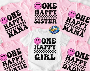 Personalized Birthday Girl Shirt One HAPPY Girl Birthday Shirt Family Matching Birthday Shirts Smiley Face with Heart Eyes Checkered Shirt