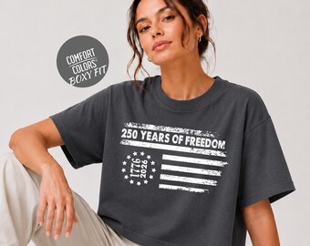 Retro 250 Years of Freedom Women Boxy Tee Comfort Colors USA 4th of July Crop Tee USA Independence Day Shirt for Women 250th Year Tank Top