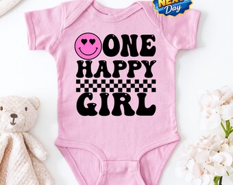One Happy Girl Birthday Bodysuit Baby Girl 1st Birthday Heart Eyes Smiley Face T-Shirt Baby First Birthday Party Tee One Happy Birthday Girl