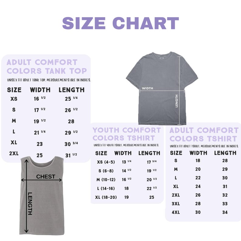 The image is a size chart for a t-shirt, providing measurements for different age groups and sizes.