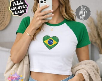 Retro Soccer Country Flag in Heart Graphic Women Crop Tee Soccer 2026 Nations Cup All Countries Tournament Raglan Baby Tee USA Canada Mexico