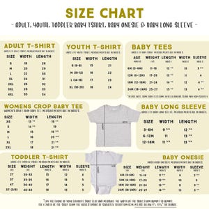 The image is a size chart for various types of clothing, including adult, youth, toddler, and baby long sleeve shirts. It provides measurements for different age groups and sizes, such as S, M, L, XL, XXL, and more. The chart includes a section for women's crop baby tee and toddler t-shirt measurements, as well as a section for baby onesies and baby long sleeves. The chart is designed to help customers determine the appropriate size for their clothing based on their age and size.