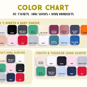 The image is a color chart that displays various color options for different types of clothing, including t-shirts, long sleeves, and baby bodysuits.