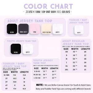 The image is a color chart that provides a visual representation of different jersey tank tops and baby t-shirts in various sizes and colors.