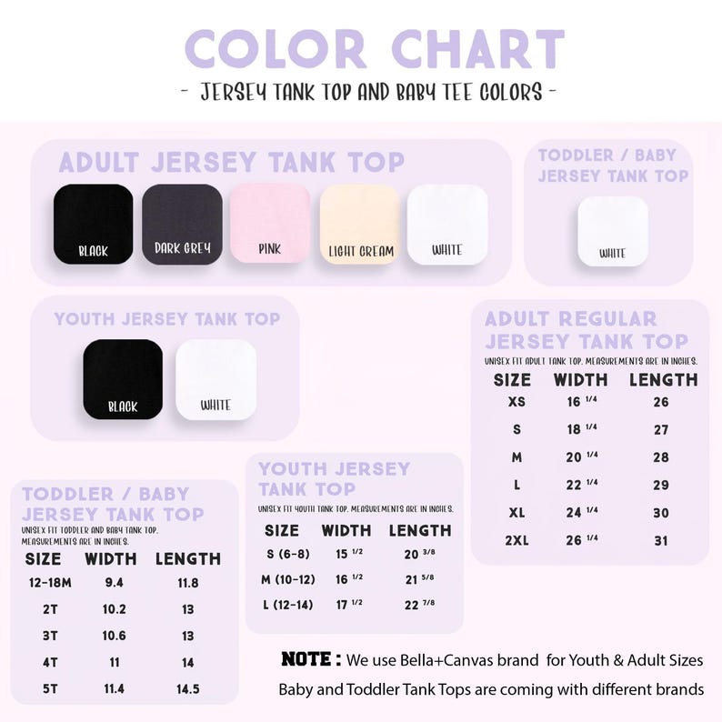 The image is a color chart that provides a visual representation of different jersey tank tops and baby t-shirts in various sizes and colors.