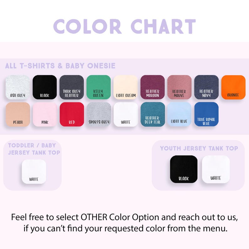 The image is a color chart for various T-shirts and baby onesies, with a focus on the different color options available.