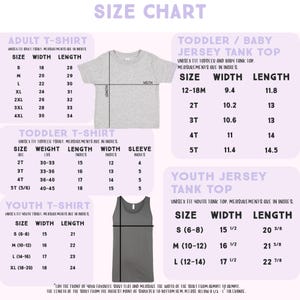 The image is a size chart for children's clothing, including a toddler/baby jersey tank top and a youth t-shirt. The chart provides measurements for different age groups, such as adult, toddler, and youth, and includes the width and length of the shirts.