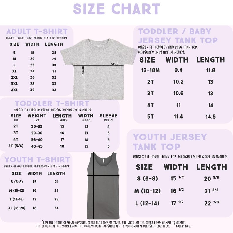 The image is a size chart for children's clothing, including a toddler/baby jersey tank top and a youth t-shirt. The chart provides measurements for different age groups, such as adult, toddler, and youth, and includes the width and length of the shirts.