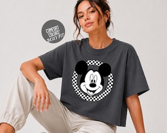 Disney Checkered Comfort Colors Boxy Tee Mickey Mouse and Friends Women Y2K Aesthetic Tee for Women Disney Characters T-Shirt
