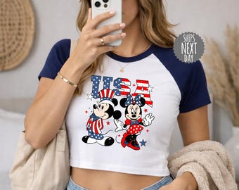 Retro Disney 4th of July Women Baby Tee Mickey and Minnie USA Raglan Cropped Baby Tee Disneyland Independence Day Shirt Disneyworld Tee