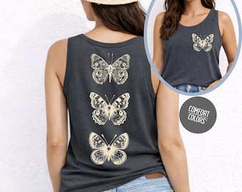 Vintage Butterfly Trio Jersey Tank Top Comfort Colors Unisex Summer Shirts Cottagecore Boho Nature Aesthetic Tank Tops Women Two Sided Shirt
