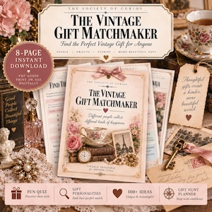 以下が含まれることがあります： 「The Vintage Gift Matchmaker」と題された8ページのPDFガイド。表紙には花柄のティーカップ、懐中時計、エッフェル塔の写真が描かれています。このドキュメントには、クイズ、ギフトのパーソナリティ診断、100以上のアイデア、ギフトハントプランナーが含まれています。