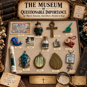 以下が含まれることがあります： The Museum of Questionable Importanceと書かれたトレイに並べられた14個の小さなコレクション。ヴィンテージ紙幣、小さなフィギュア、アンク、緑の大砲、青いクジラのチャーム、写真、白いターコイズの小瓶、本のチャーム、赤い太鼓、ロバート・バーンズのチューブ、青い石のペンダント、森のロケット、質感のあるティアドロップ、ショッピングチャームが含まれています。