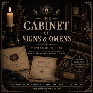 May include: A dark, atmospheric display titled The Cabinet of Signs & Omens, featuring a lit candle, a wax-sealed envelope labeled For the Curious Soul, an Inventory & Provenance card, a wooden box, and vintage books with gold-toned text accents.